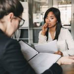 Nervous business woman with prospect