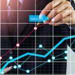 Stock market graph and business financial data on LED. Business graph and stock financial indicator. Stock or business market analysis concept.