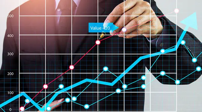 Stock market graph and business financial data on LED. Business graph and stock financial indicator. Stock or business market analysis concept