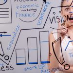 A young beautiful woman with great idea writing on a transparent board in the office, close-up.