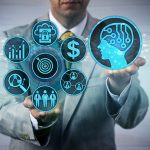 Unrecognizable business manager scaling up sales and marketing via artificial intelligence app. B2B technology concept for machine and deep learning, AI, complex IT ecosystem, lead generation.