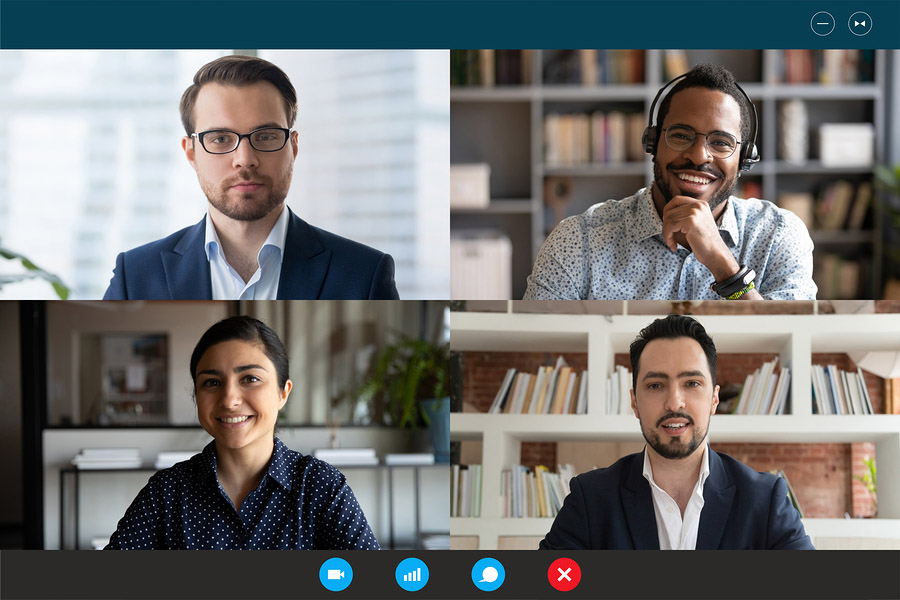 Multiracial participants of videoconference online meeting computer webcam screen view