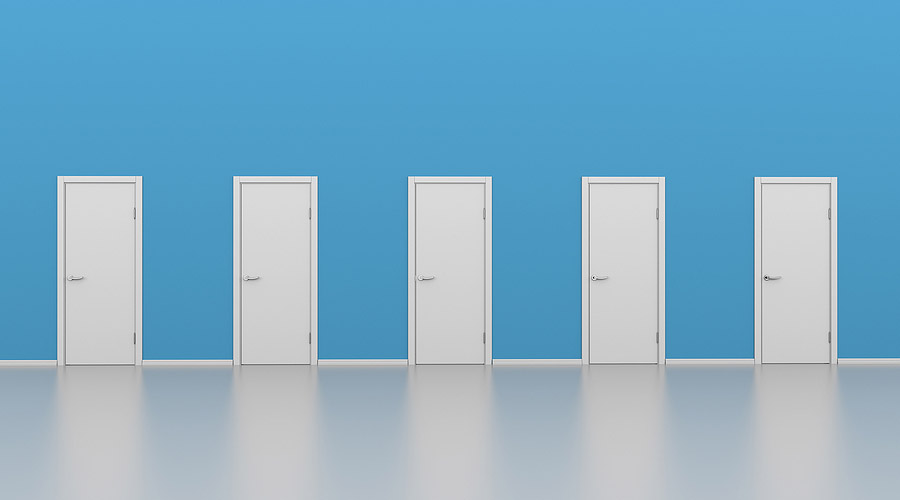 Five Closed White Doors with Blue Wall. Choice or Decision Makin